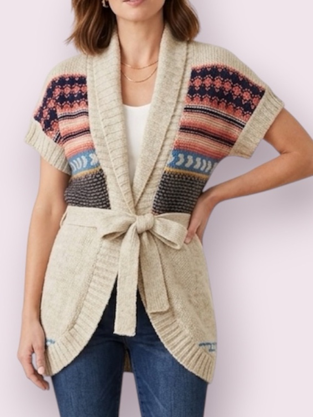 BKE Open Front Belted Short Sleeve Cardigan Sweater Acrylic & Alpaca Tan Medium